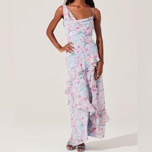 ASTR Levina Asymmetric Blue Floral Ruffle Dress NWT Size Medium